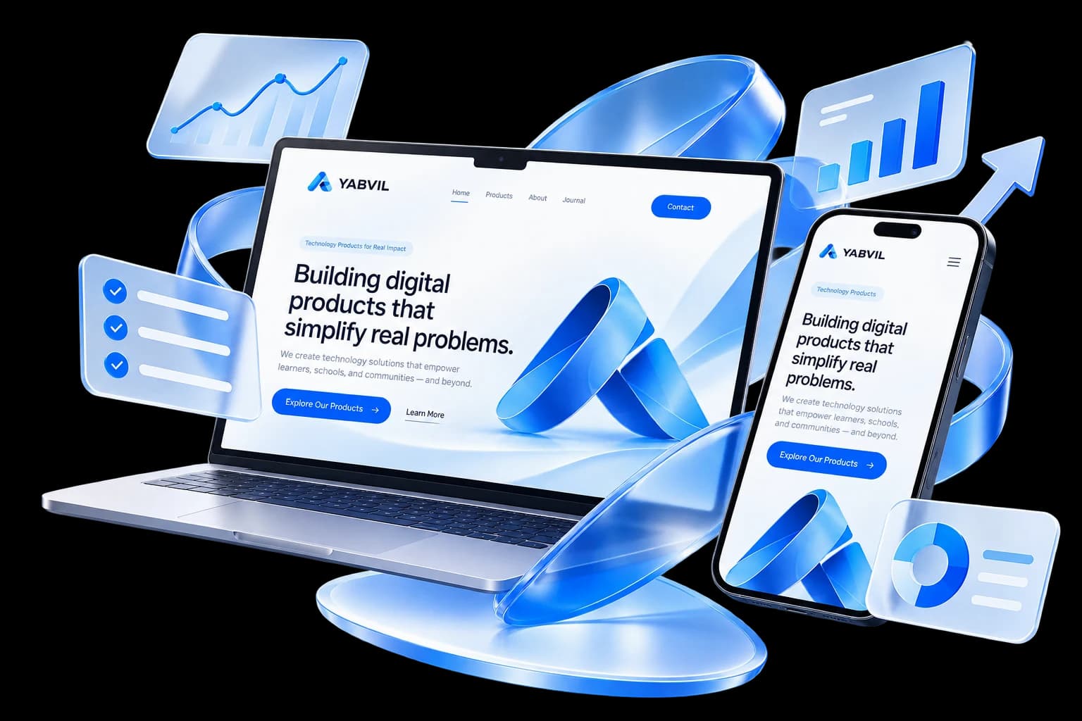 Yabvil branded laptop and smartphone surrounded by blue ribbons and glass charts